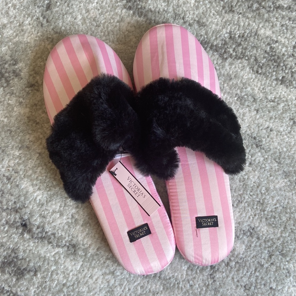 Victoria’s Secret fuzzy striped slippers